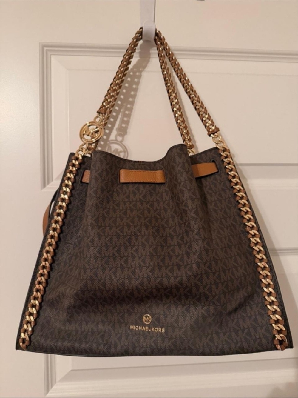Michael Kors Nolita Large Bucket Shoulder Bag with Chain Brown
